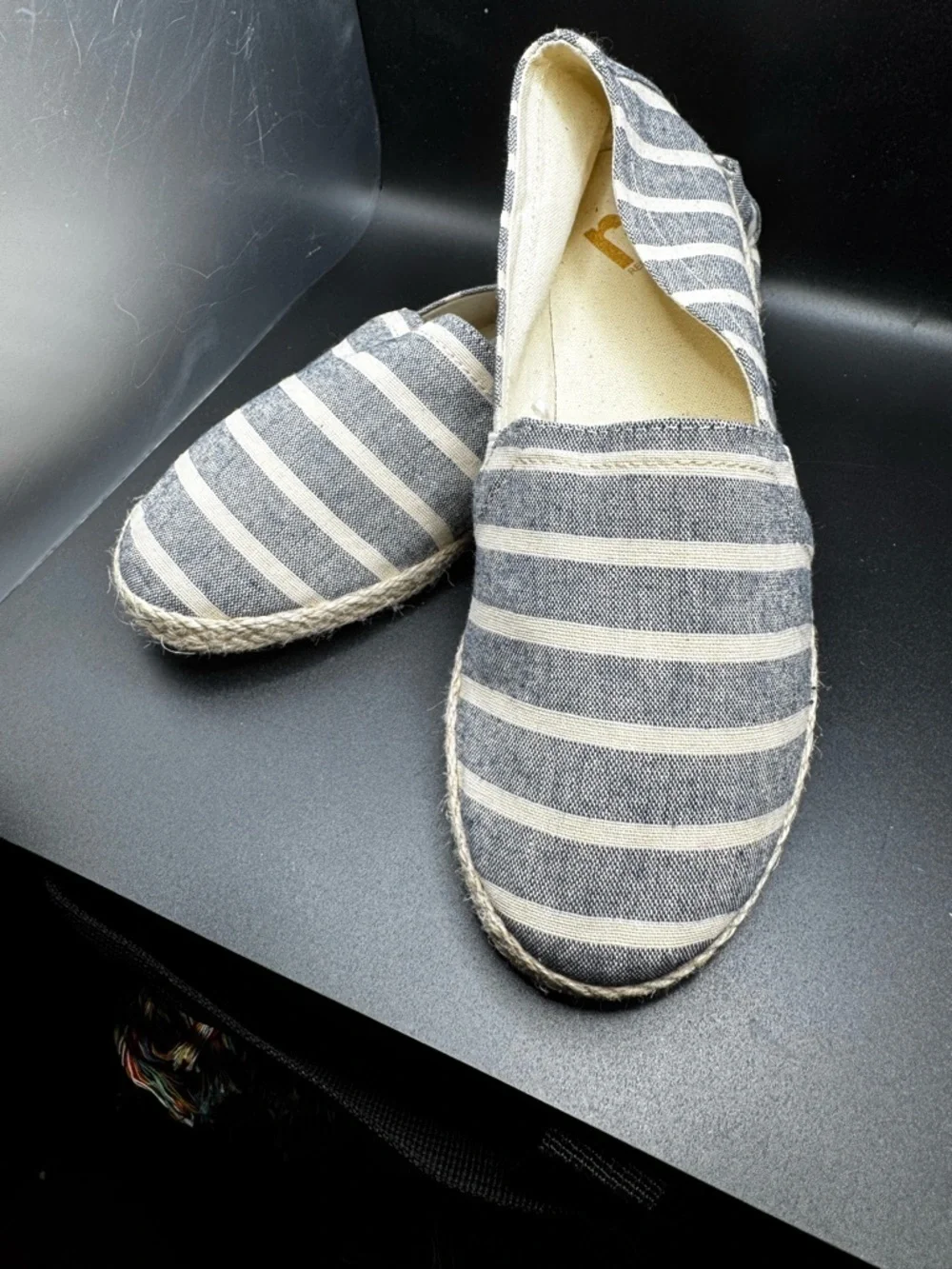 New Striped Canvas Slip On Flats - Gray & White Size 7